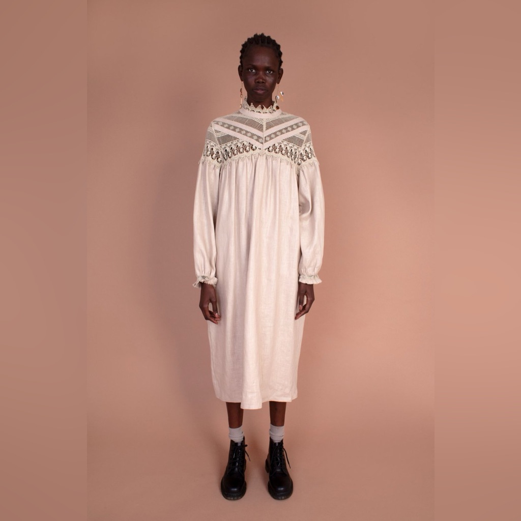 Meadows Vinca Linen Midi Peasant Lace Dress